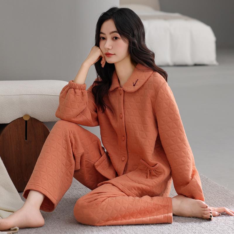 Air Cotton Pajamas Women'S Autumn And Winter Pure Cotton Thickened Warm Interlayer Middle-Aged Mother Loungewear Set