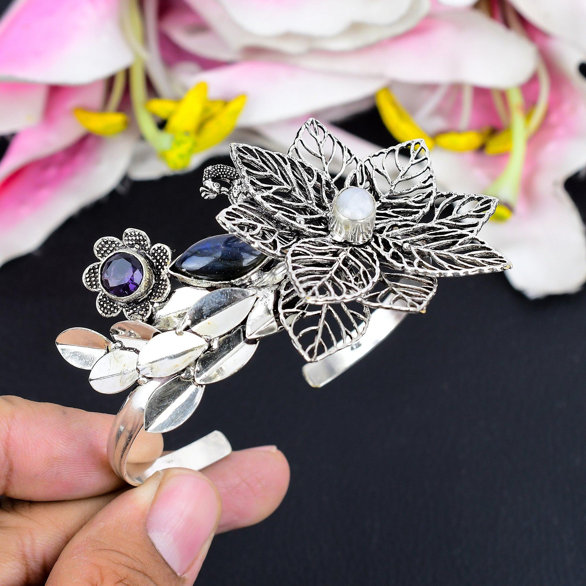 

Moonstone, Amethyst Gemstone 925 Sterling Silver Cuff Bangle Adjustable KG-1877