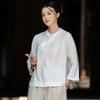 Johnature Vintage Women Shirts Stand Seven Sleeve Blouses Autumn Solid Color Button Chinese Style Shirts