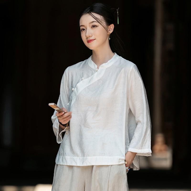 Johnature Vintage Women Shirts Stand Seven Sleeve Blouses Autumn Solid Color Button Chinese Style Shirts