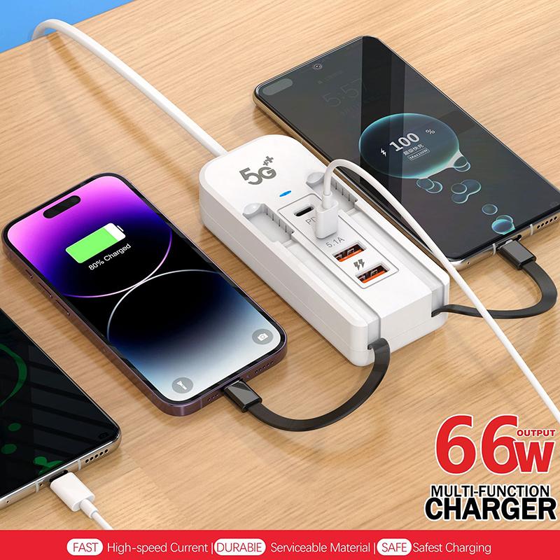 4 Port Usb Charger With Type C Socket Extension Cable Multi Port Dual Pd Fast Charging For Mobile