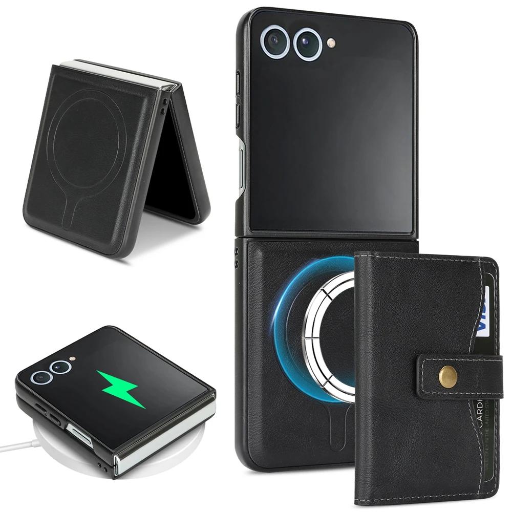 2 In 1 Magnetic Wallet Leather Case for Samsung Galaxy Z Flip 7 6 5 4 3 Flip7 Flip6 Flip5 Kickstand Cards Holder Phone Cover