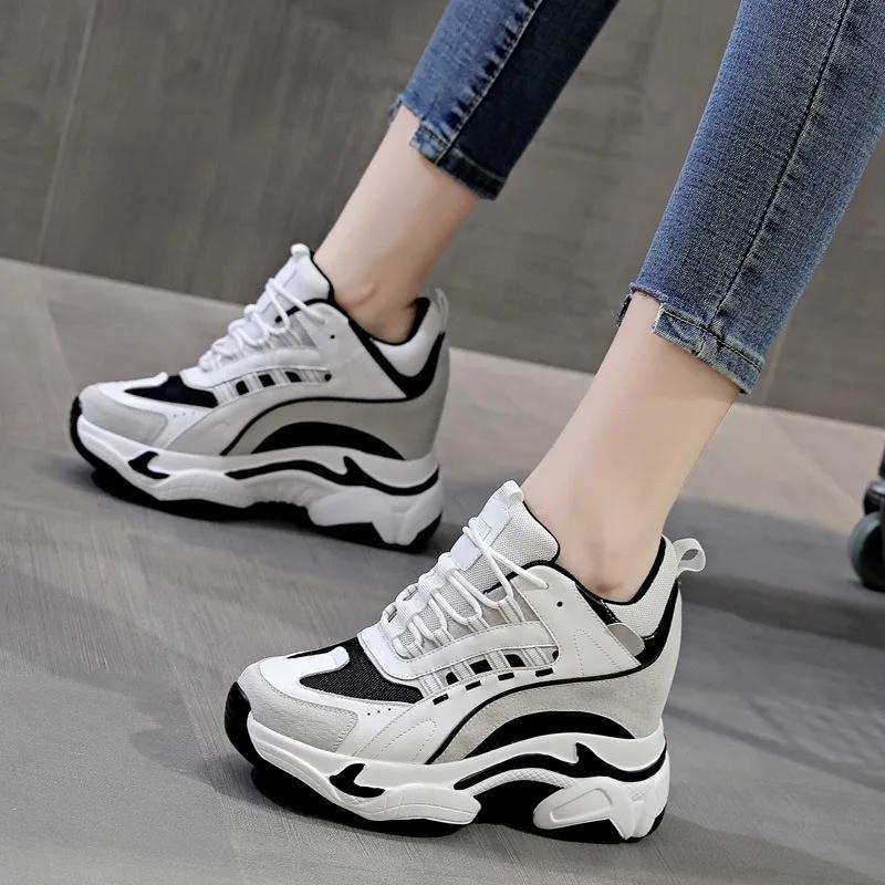 Fashion Autumn Sneakers For Women Platform Chunky Casual Shoes High Quality Genuine Leather Woman Female Walking Trainers 9CM Thick Sole