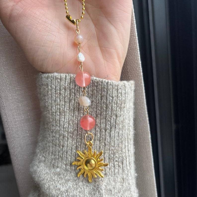 Sun Crystal Car Pendant: Pearl & Crystal Hanging Ornament for Interior Decoration