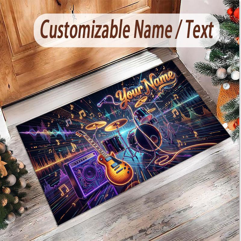 Alfombra de Terciopelo de Cristal Suave con Tema General de Música, Impresión de Nombre y Texto Personalizados, Alfombra de Suelo Antideslizante para Dormitorio Sala de Estar