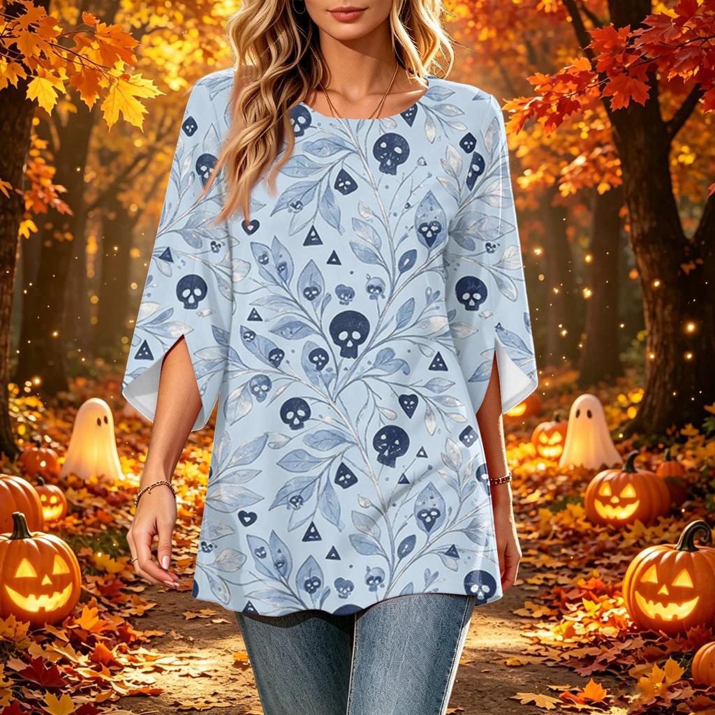 Women's Halloween Print Casual Loose Fit Three-Quarter Sleeve Round Neck Top