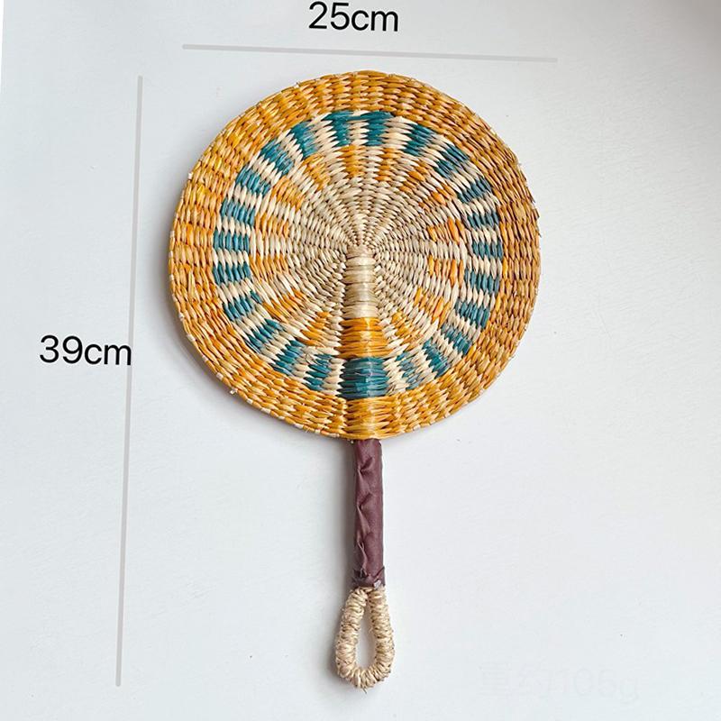 Colorful Striped Patterns Seagrass Woven Fan Vintage Anti-Mosquito Hand Braided Fan Natural Portable Cattail Fan School/Office