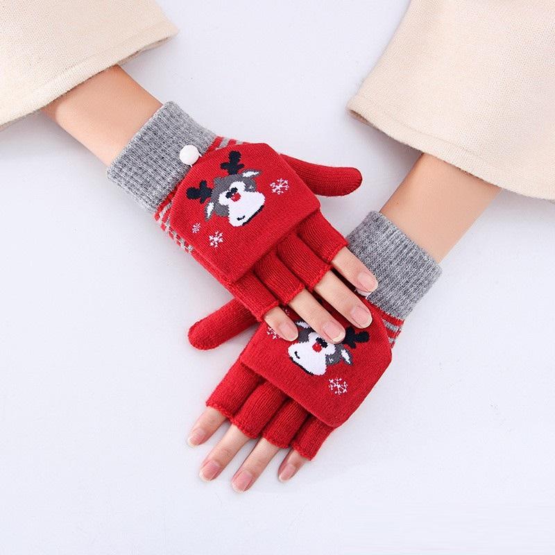 Winter Cute Girls Christmas Gloves Kids Warm Cartoon Gloves Students Fingerless Writing Gloves with Flip Cover 7-13Y