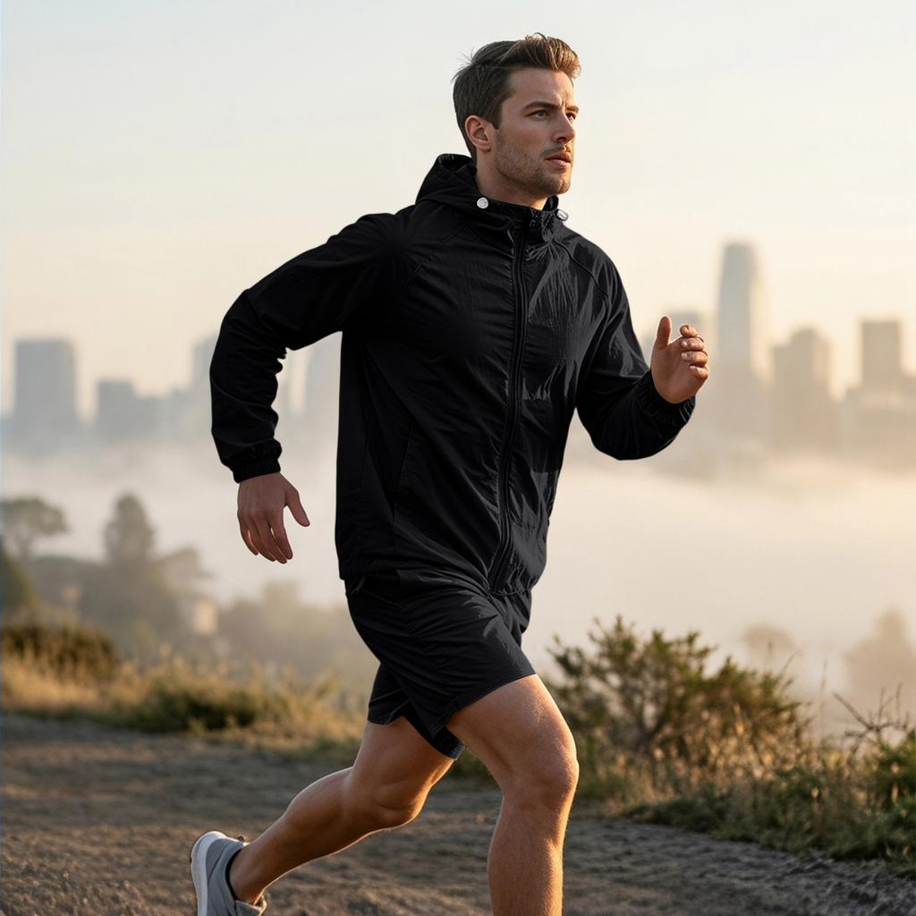 Men's Quick Dry Hooded Sun Shirt and Shorts Set Lightweight Athletic Two Piece Sportswear