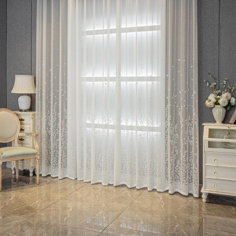 White Leaf Drapes, Sheer Tulle Curtains with Embroidery, Easy To Hang, Suitable for Bedroom, Living Room, Balcony, Farmhouse