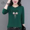 Women's Casual Bow-Print Long-Sleeve Crew Neck Cotton Blend T-Shirt