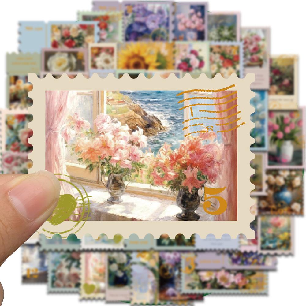 50pcs Flower Style Stamp Stickers Aesthetic Artistic Decals For Phone Notebook Laptop Skateboard Guitar Waterproof Stickers