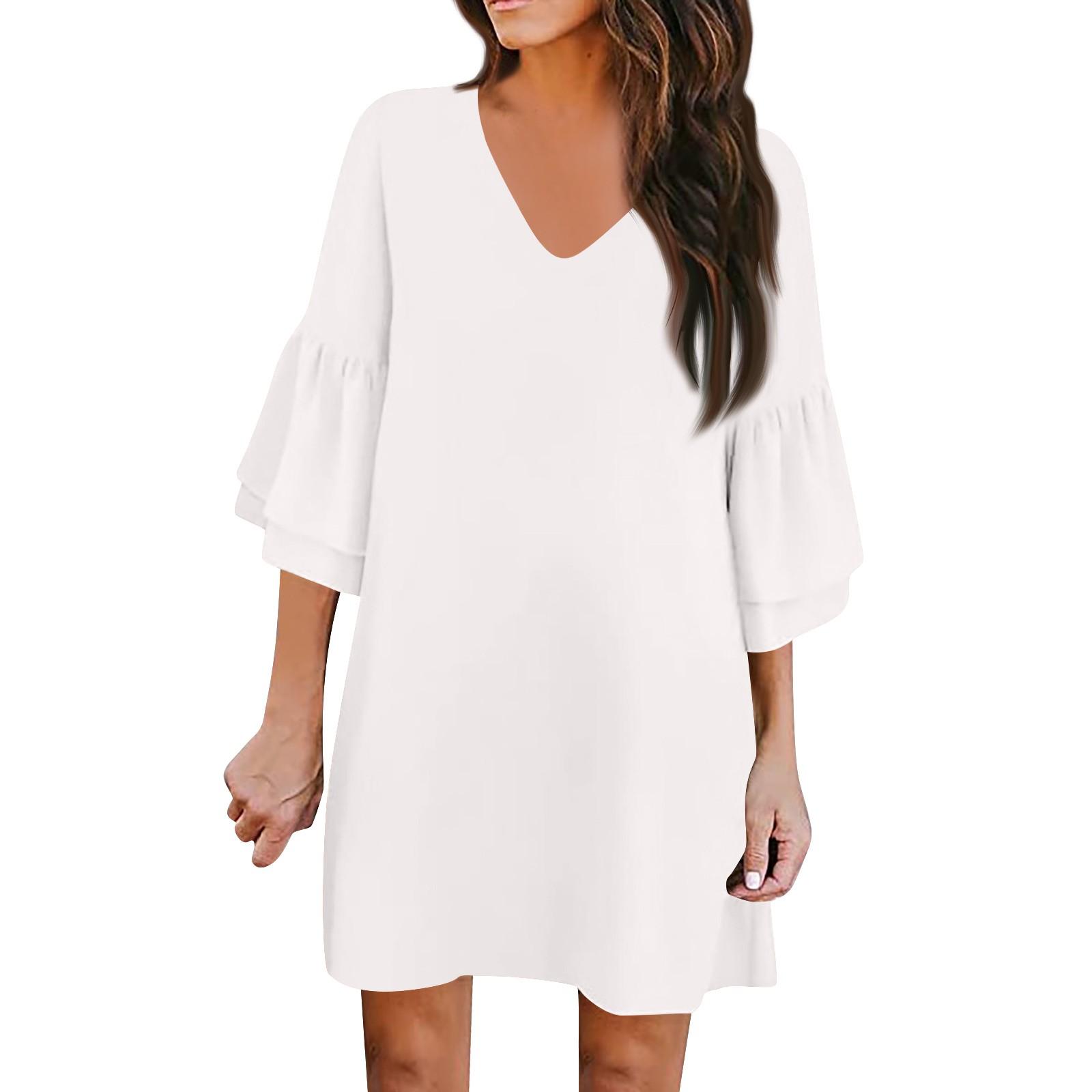 

Жіночі модні класичні однотонні повсякденні сукні з V-подібним вирізом і розкльошеними рукавами XL білий