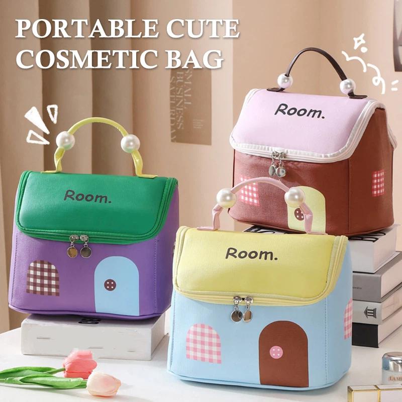Cute House Shaped Cosmetic Bag Stain Resistant Foldable Space-Saving Makeup Organizer for Travel Home Storage