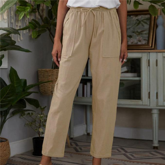 Fashion Women's Cotton Linen Pants Solid Color Pockets Elastic Waist Loose Casual Pants