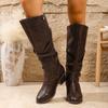 Cizme de cavaler cu toc mediu, cu cataramă în cruce vintage, pentru femei, toamnă nouă 2025, cizme înalte plus-size