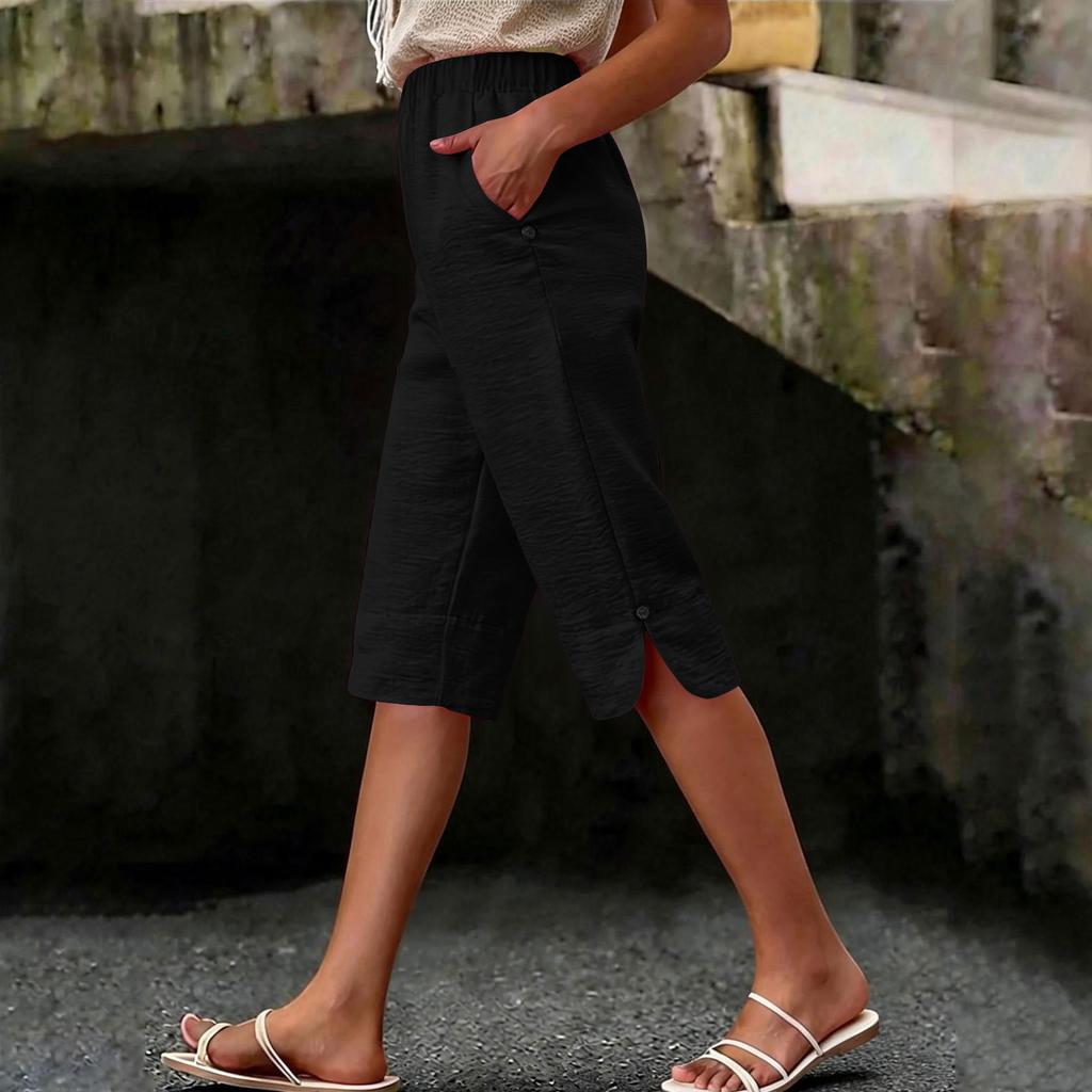 Pantaloni Caprid da Donna Vita Alta Casual Estivi con Tasca Laterale
