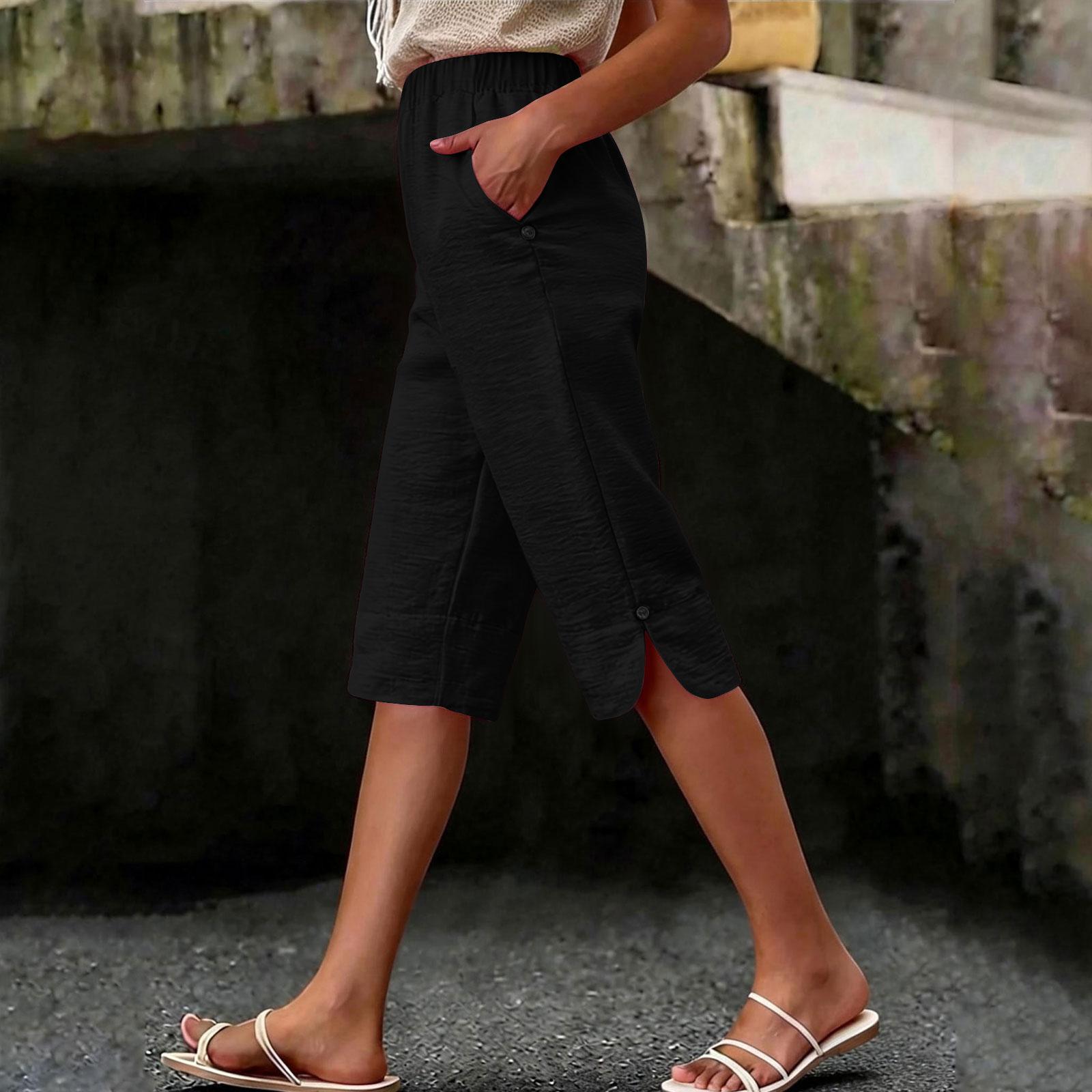 

Women’s Loose Fit Mid Length Elastic Waist Casual Pants with Side Pockets and Split Hem Design for Everyday Wear XXL чёрный