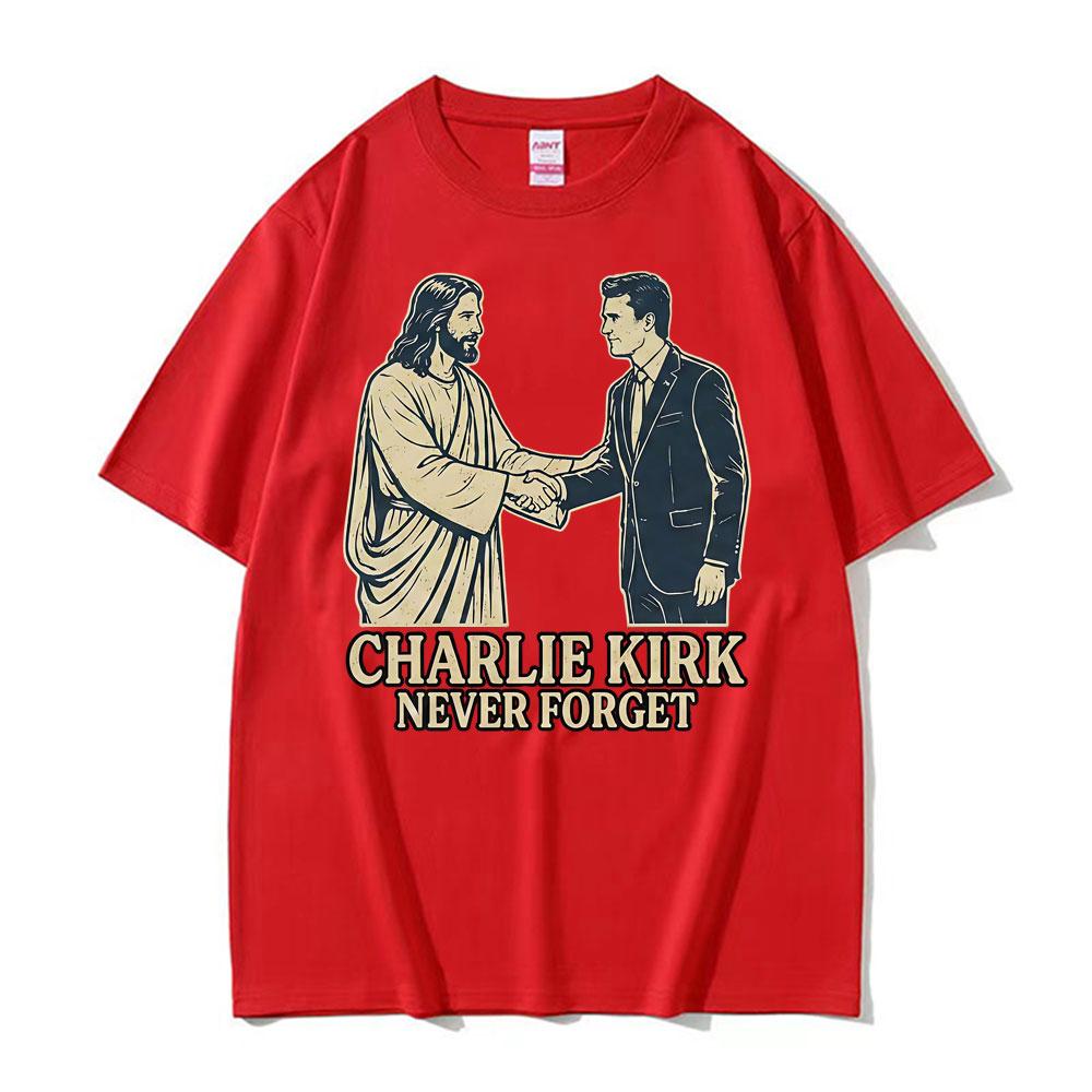 Charlie Kirk Never Forget Handschlag Lustiges T-Shirt Unisex Damenmode Sommer Kurzarm-T-Shirts Baumwolle Locker Übergröße T-Shirt