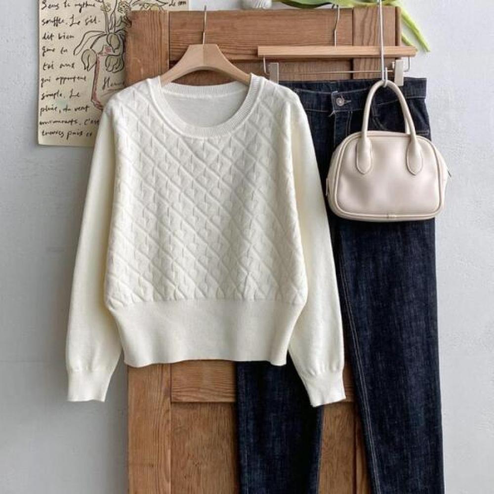 New Arrivals Open Run Diamond PaTTern Round Neck Plain KniT Ribbed T shirT