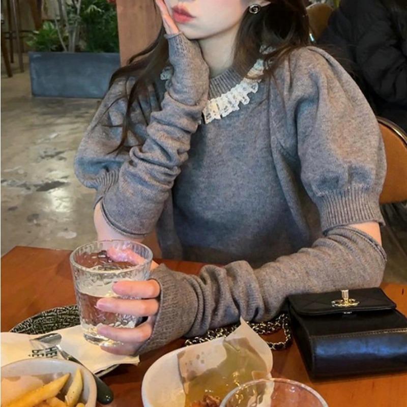 French Puff Sleeve Lace Sleeve Sweater Women's Design Niche Sweet Round Neck Top Sweater Early Spring New Style