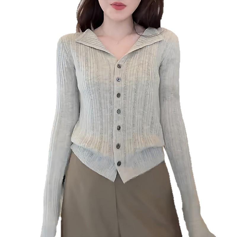 Commuter versatile lapel gray hollow long-sleeved knitted sweater women's autumn and winter sweater cardigan Korean temperament slim-fit top