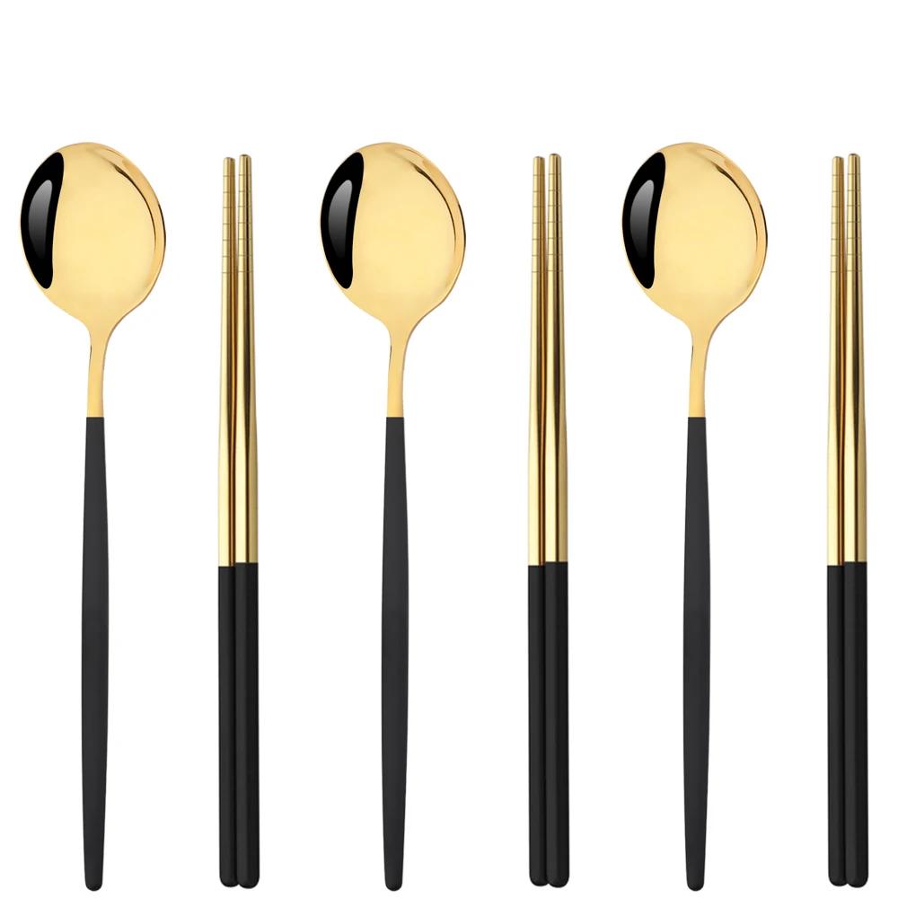 6Pcs High Quality Dinnerware Set Stainless Steel Flatware Set Mirror Kitchen Tableware Gold Dinner Spoon Chopsticks Cutlery Set