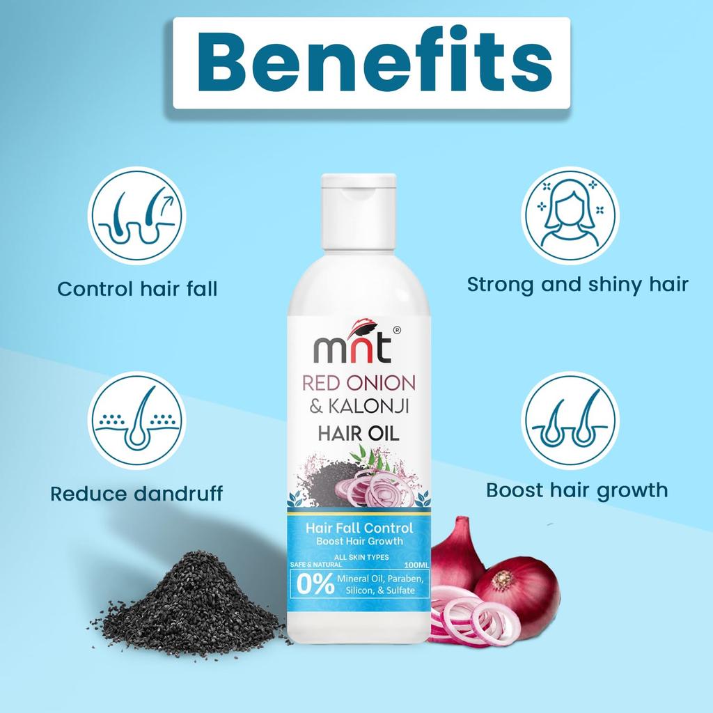 MNT Red Onion & Kalonji Hair Oil for Hair Growth and Hair Fall Control with Onion & Black Cumin Seed Oil, 100 ml
