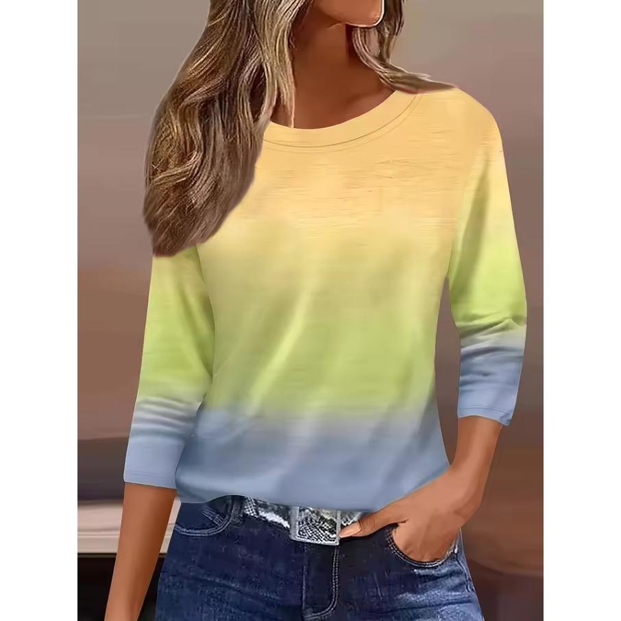 Women's 3D Printed Gradient Printed T-shirt Fashion Long Sleeve Round Neck Regular Tops Holiday Weekend Spring and Autumn