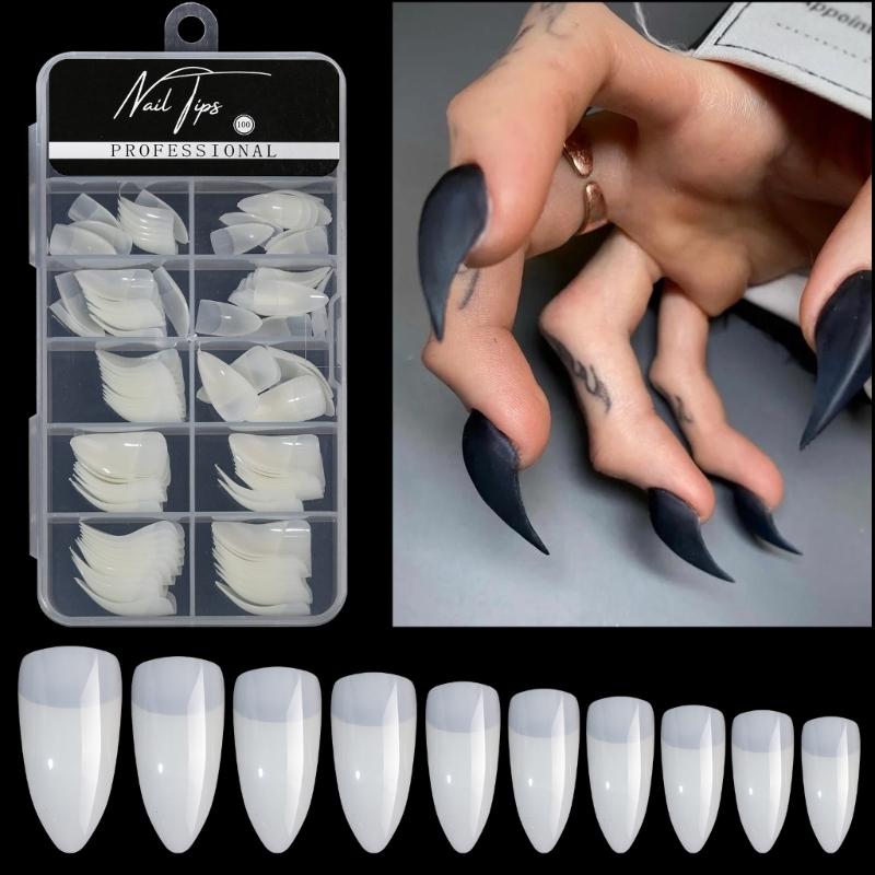 

100Pcs Nail Tips Curved Extension 3D Eagle Claw Nails Thick Hawk Deeply Curved Almond French Tips Soft False