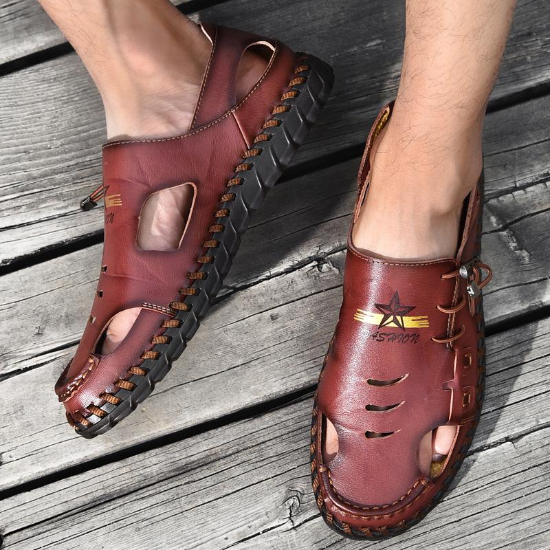 Plus Size Beach Men's Leather Shoes Closed Toe Leather Sandals Casual Hole Summer Cowhide Slippers Summer