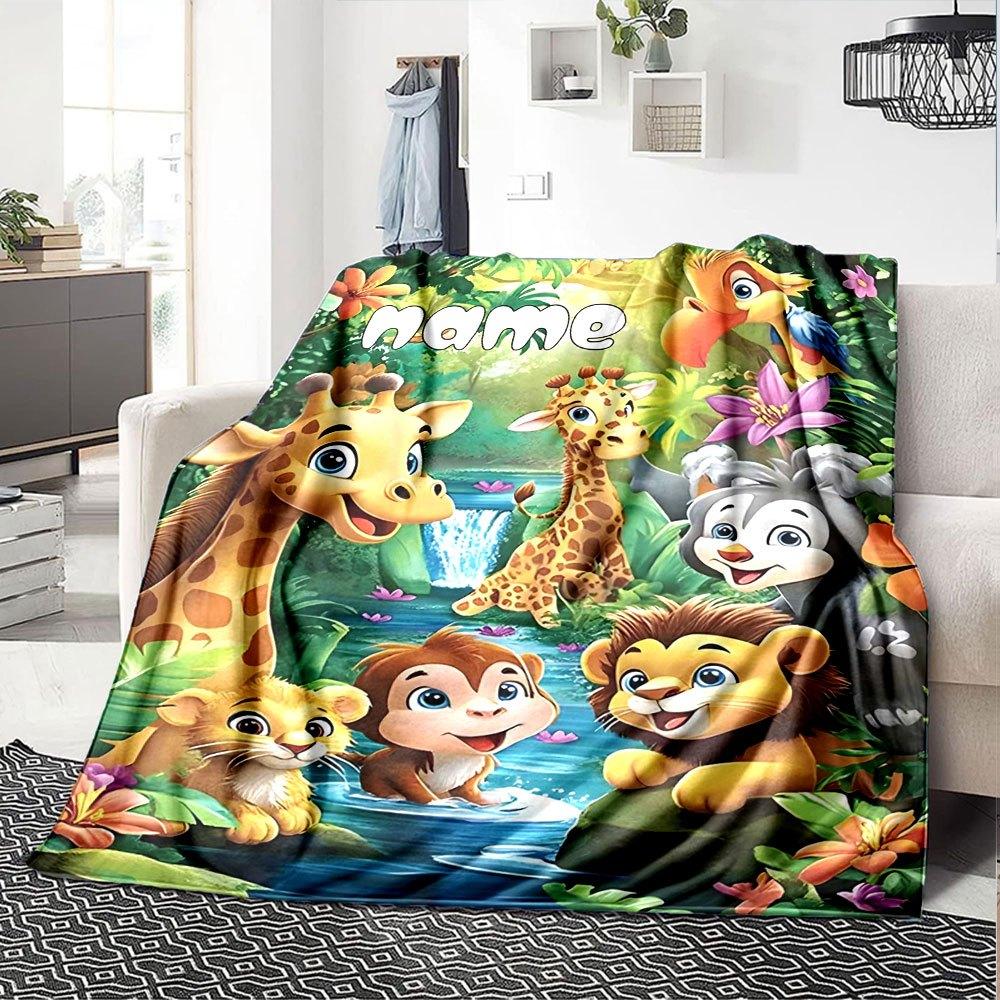 Jungle Friends By The Stream Multi Purpose Personalized Blanket Customize Text Durable Comfort Throw For Sofa Couch Office Bed Picnics For All