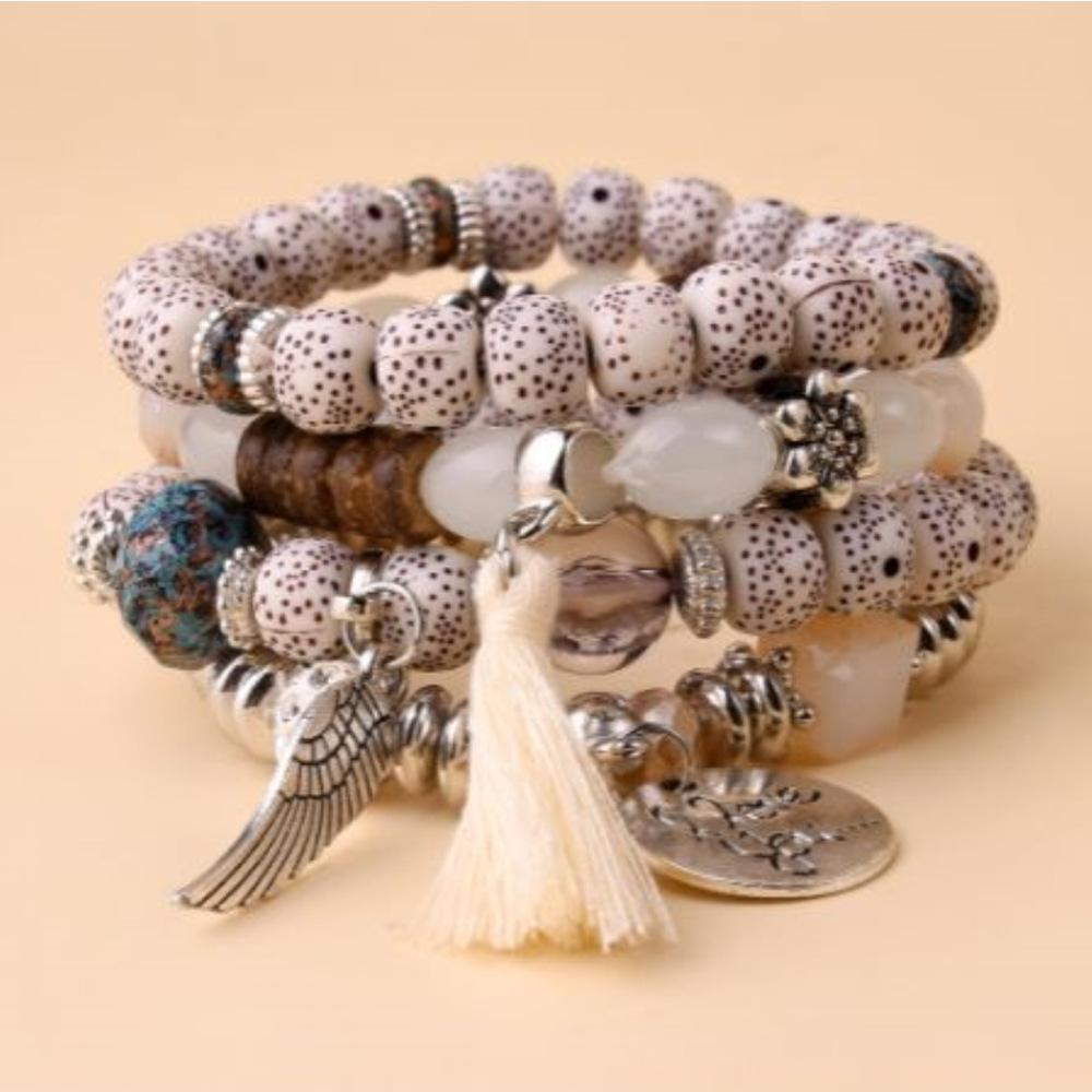 4pcs Bohemian Tree of Life & Feather Wing Pendant Bracelets - Handmade Acrylic Couples' Bangle , Bohemian Handcrafted Bracelets For Women& Men