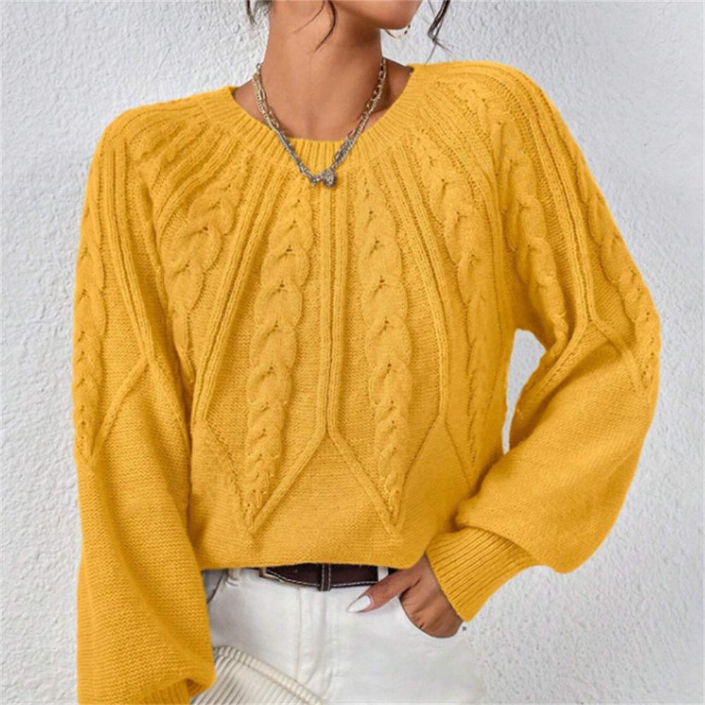 Women's Autumn/Winter Solid Color Cable Knit Sweater, Loose Crew Neck Lantern Sleeve Versatile Knit Top S-XL