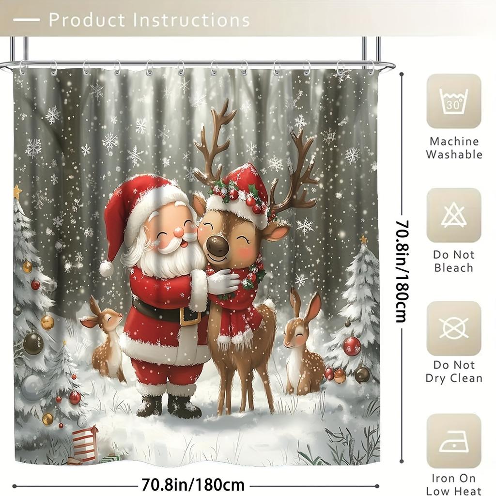 4-teiliges Badezimmer-Duschvorhang-Set Rot Weihnachten Weihnachtsmann Muster Badezimmer-Vorhang mit 12 Haken Rutschfeste Teppiche Toilettendeckelmatte Badezimmer-Trennwand