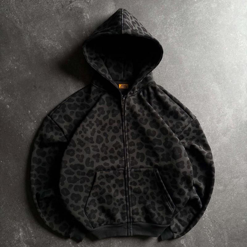 Y2K Siyah Leopar Desenli Fermuarlı Kapüşonlu Sweatshirt Erkek Kadın Sokak Giyimi Oversize Polar Sweatshirt