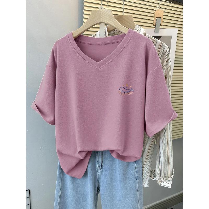 Summer Women's V Neck Whale Embroidered Loose Short Sleeve T Shirt