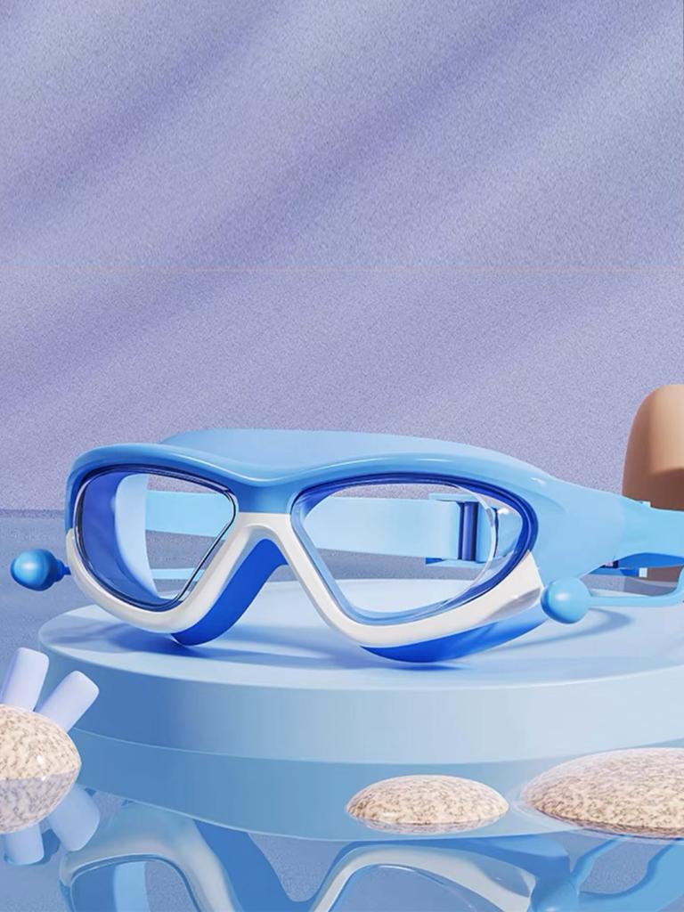 Children's High-definition Waterproof And Anti Fog Swimming Large Frame Glasses, Convenient Goggles Silicone Connected Earplugs