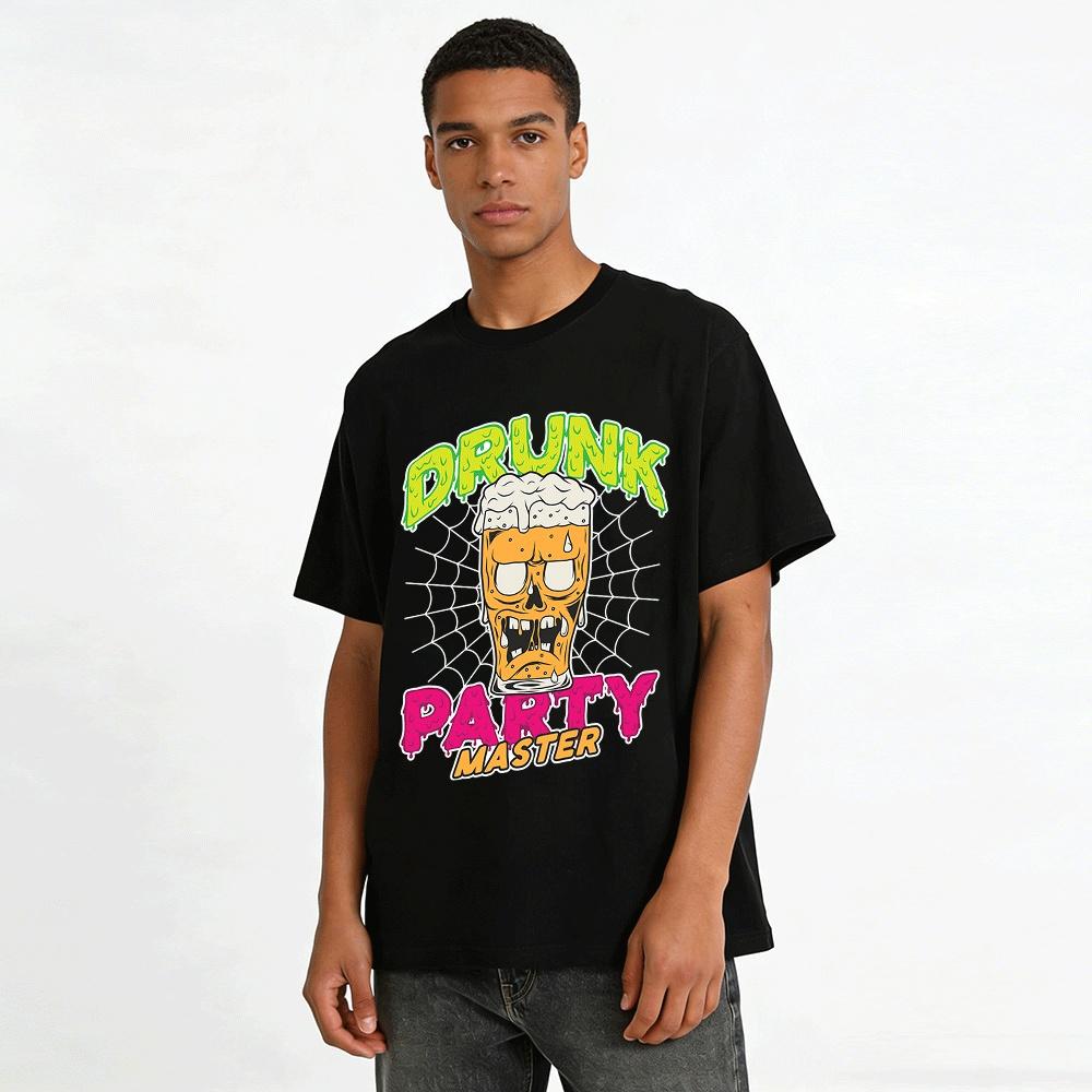 Drunk Party Master Graphic Tee Beer Skull Print Casual Party Top Pure Cotton T-shirt