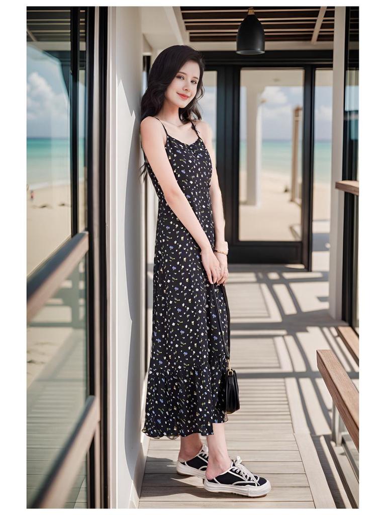 2026 Summer Floral Print Black Midi Camisole Dress - Women's Beach Vacation Wear
