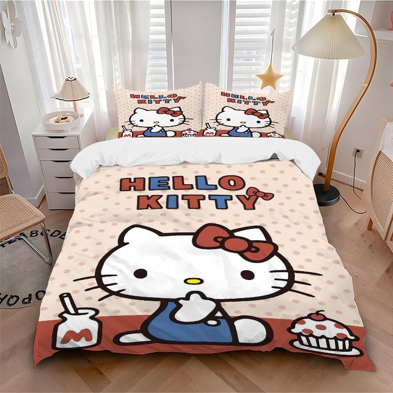 3pcs Milk Cake & Hello Kitty Design Bedding Set Includes Quilt Cover and Pillowcases, Suitable for All Seasons, Machine Washable Ideal Gift W060