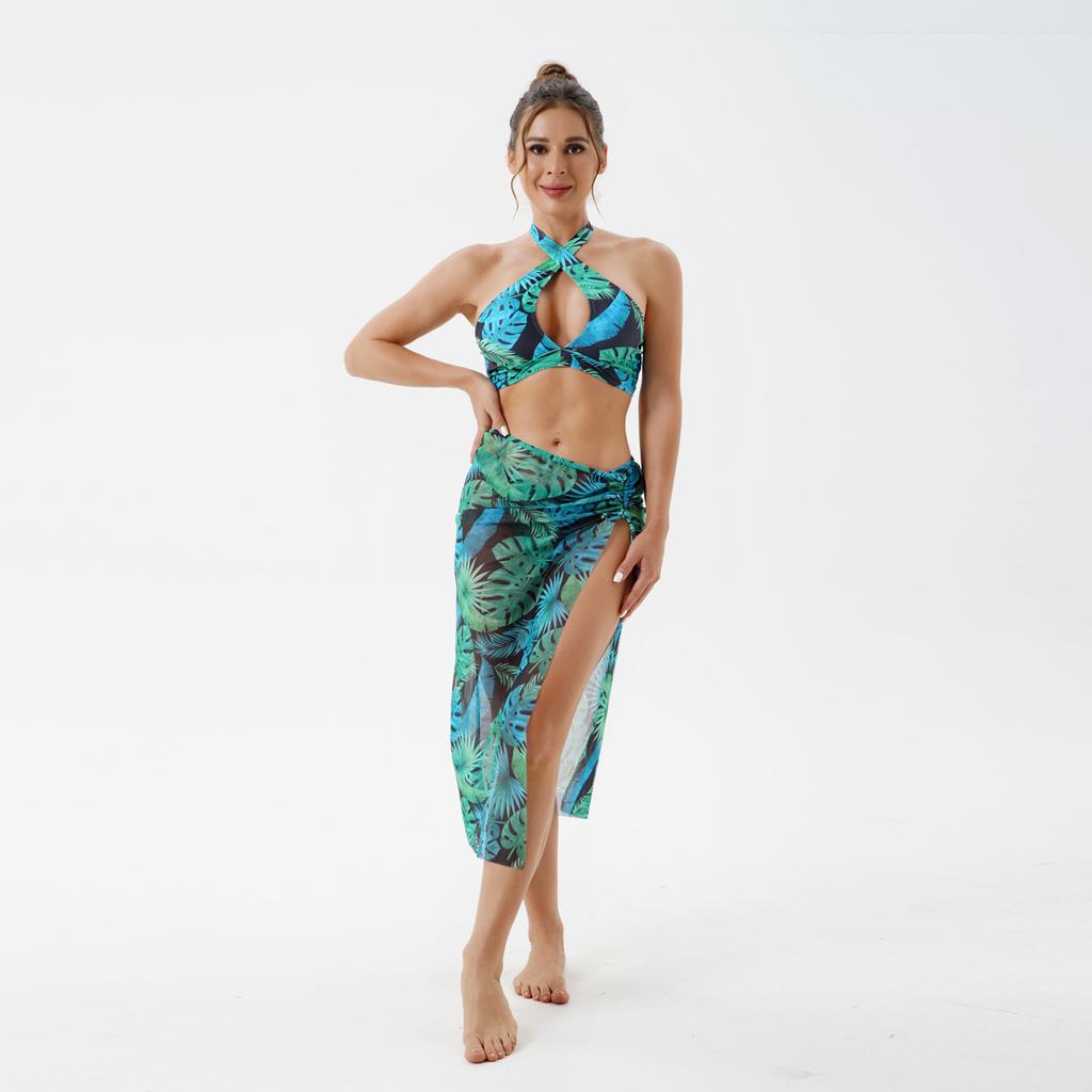 1011 Mesh Skirt Beach Swimsuit Women's Slim Bikini European and American Bikini Three-piece Female Sexy Floral