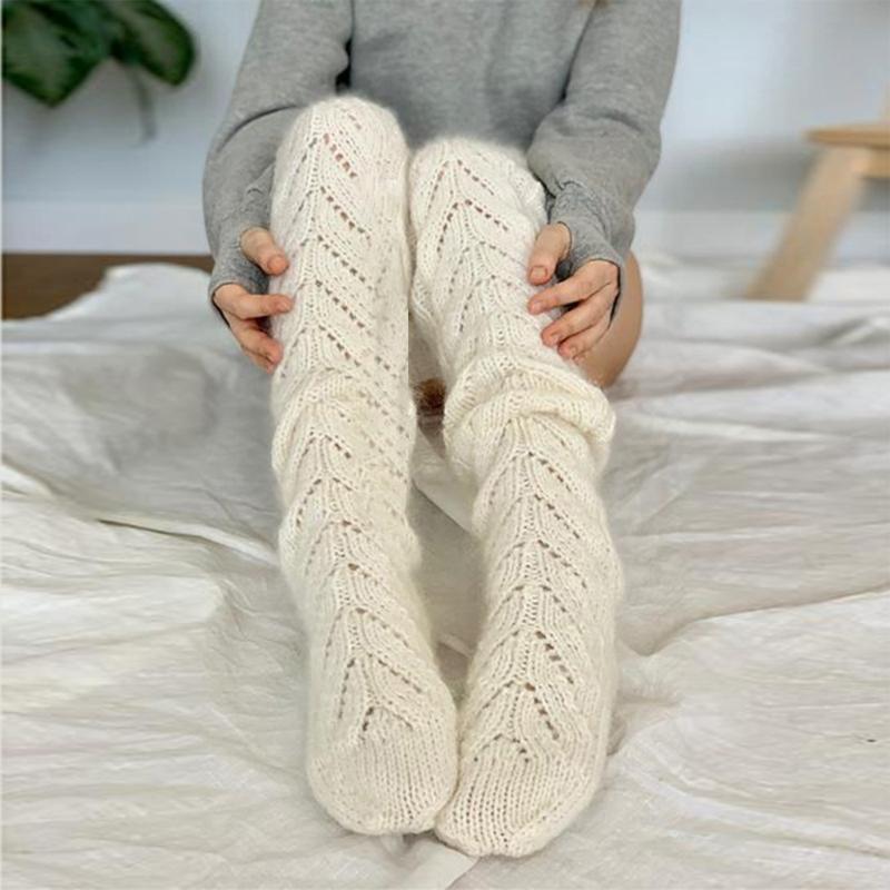 Hollowed Out Knitted Over Knee Long Socks for Women Winter Fall Thigh High Stockings Solid Color Thermal Long Leg Warmer