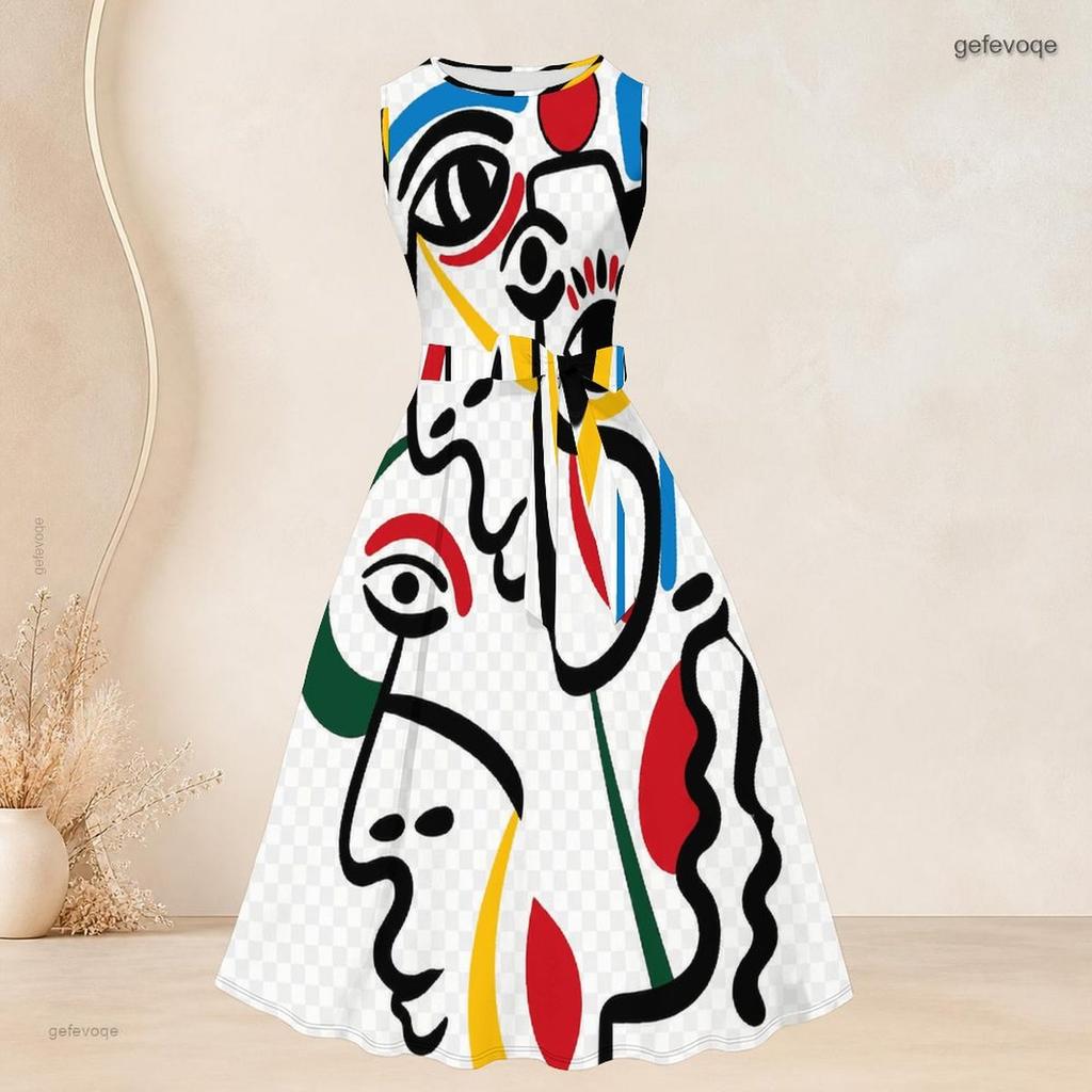 Damski dwuczęściowy zestaw Plus Size z nadrukiem abstrakcyjnej twarzy, kardigan 3/4 z otwartym przodem, bez rękawów, sukienka rozkloszowana z wiązaniem w talii