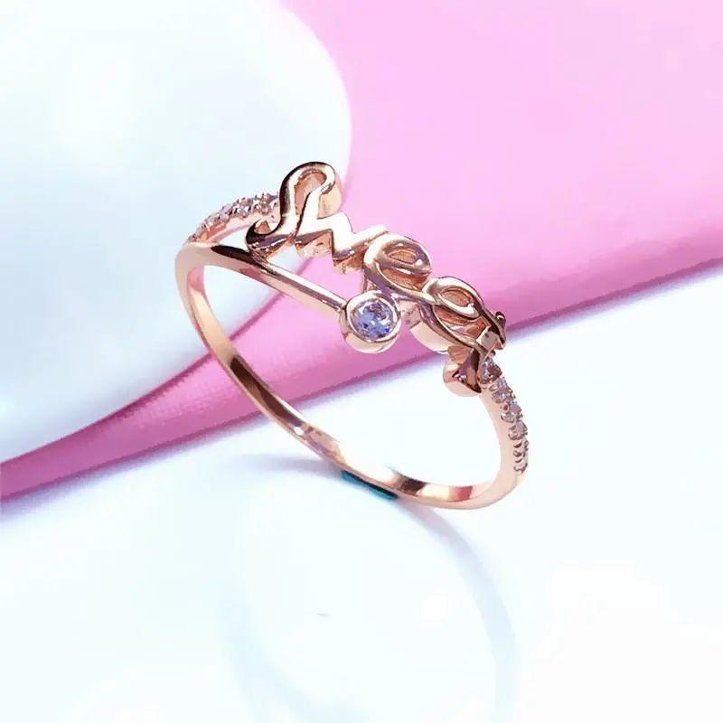 Purple Gold Color Gold Inlaid Zircon Letter Ring Simple Temperament Rose Gold Plated Live Ring Jewelry Women