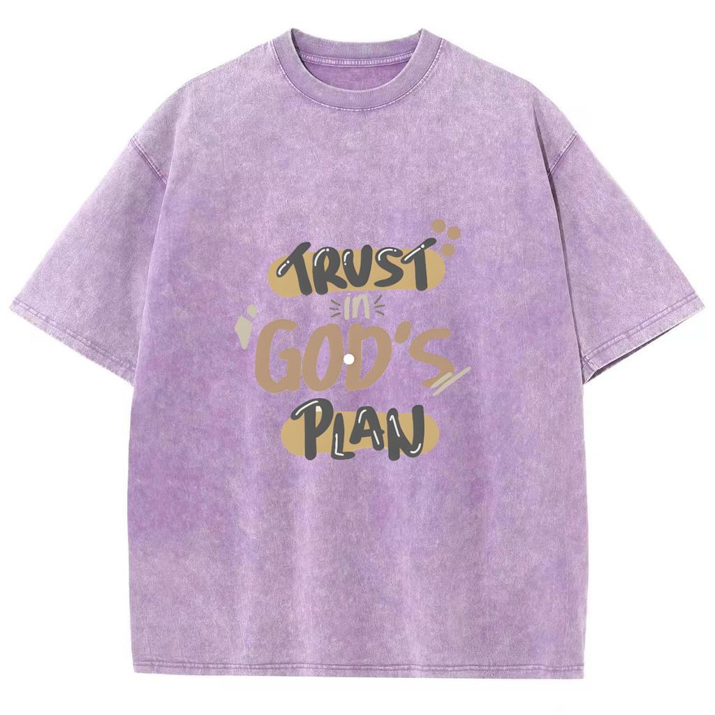 Trust God's Plan Monogram Print Women's Washed T-Shirt Summer New Oversized Short Sleeve Simple Casual Top Basic Tee
