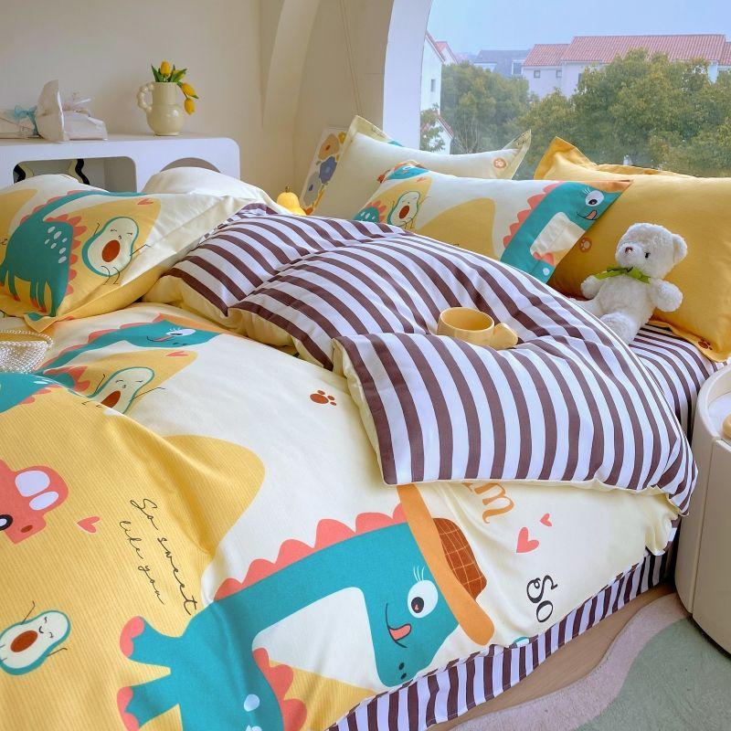 Thickened Pure Abraded Four-piece Set, Single Double Skin-friendly Twill Bed Sheet, Quilt Cover, Dormitory Three-piece Set, Bedding