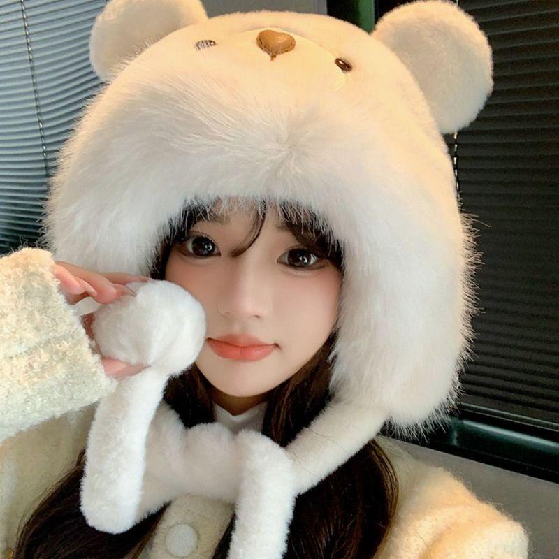 Fashion Cartoon Bear Ears Hat Windproof Ear Protection Winter Hat Solid Color Thick Warm Earflap Bonnet Hat