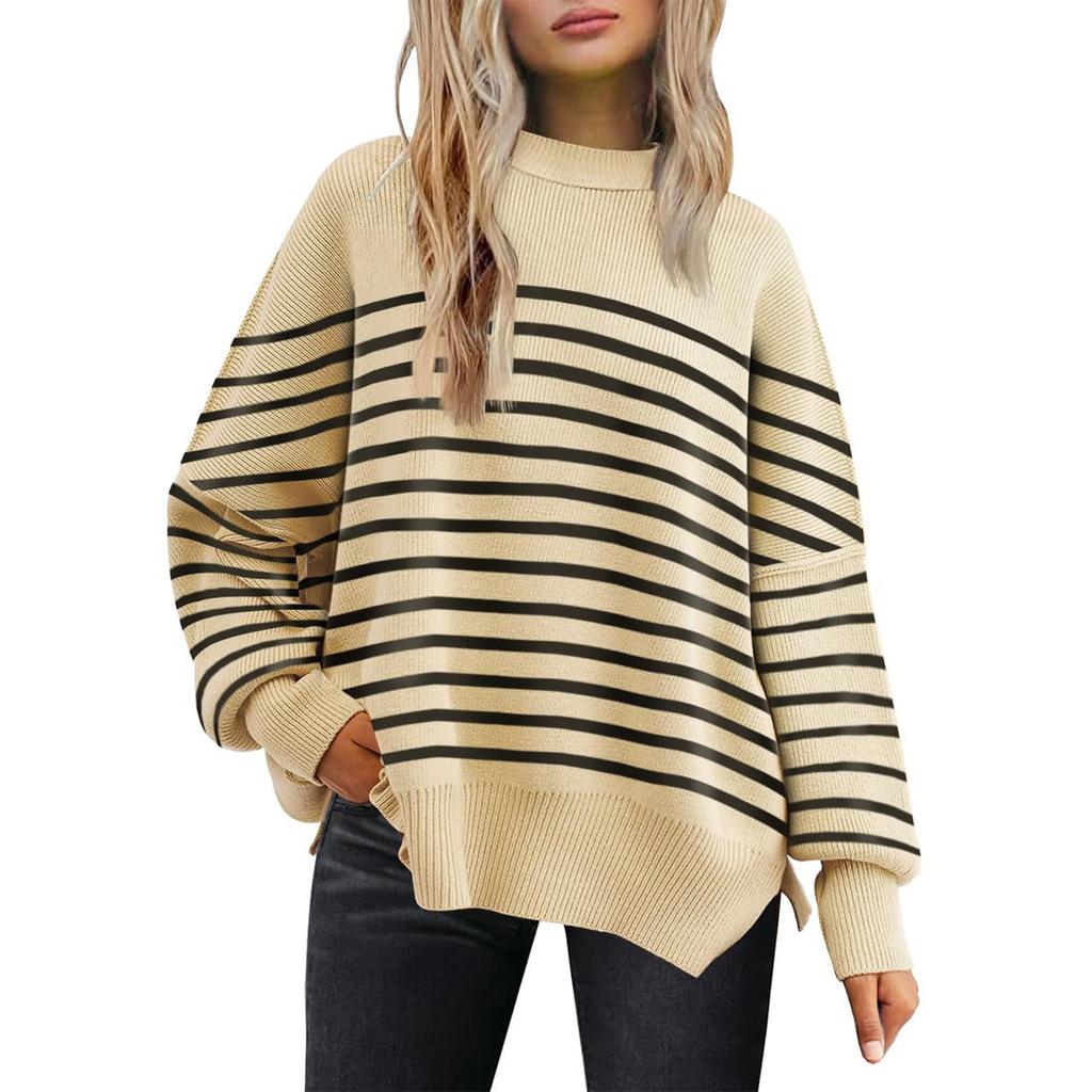 Women's Fashion Round Neck Long Sleeve Sweater Knitted Side Slit Pullover