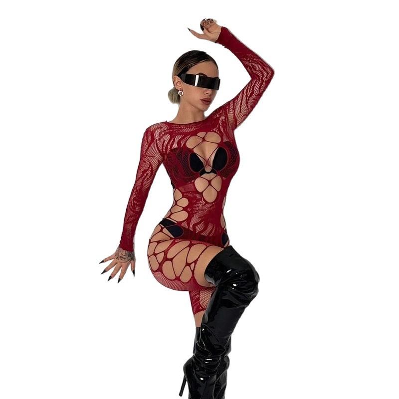 Explosive Style, Foreign Trade Fun Underwear, Sexy One-Piece Net Clothes, Explosive Burgundy Hollow Perspective Passion Clothes